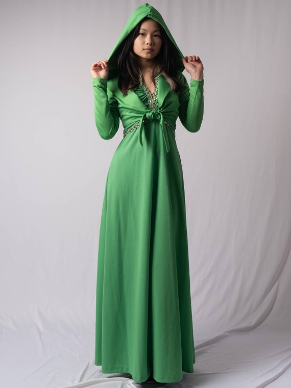 70s Green Hooded Gown | 2pcs | Small | VTG Vintage - image 1