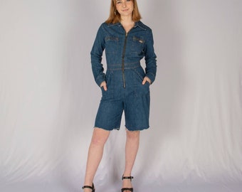 70s Denim Long Sleeve Romper | M | VTG