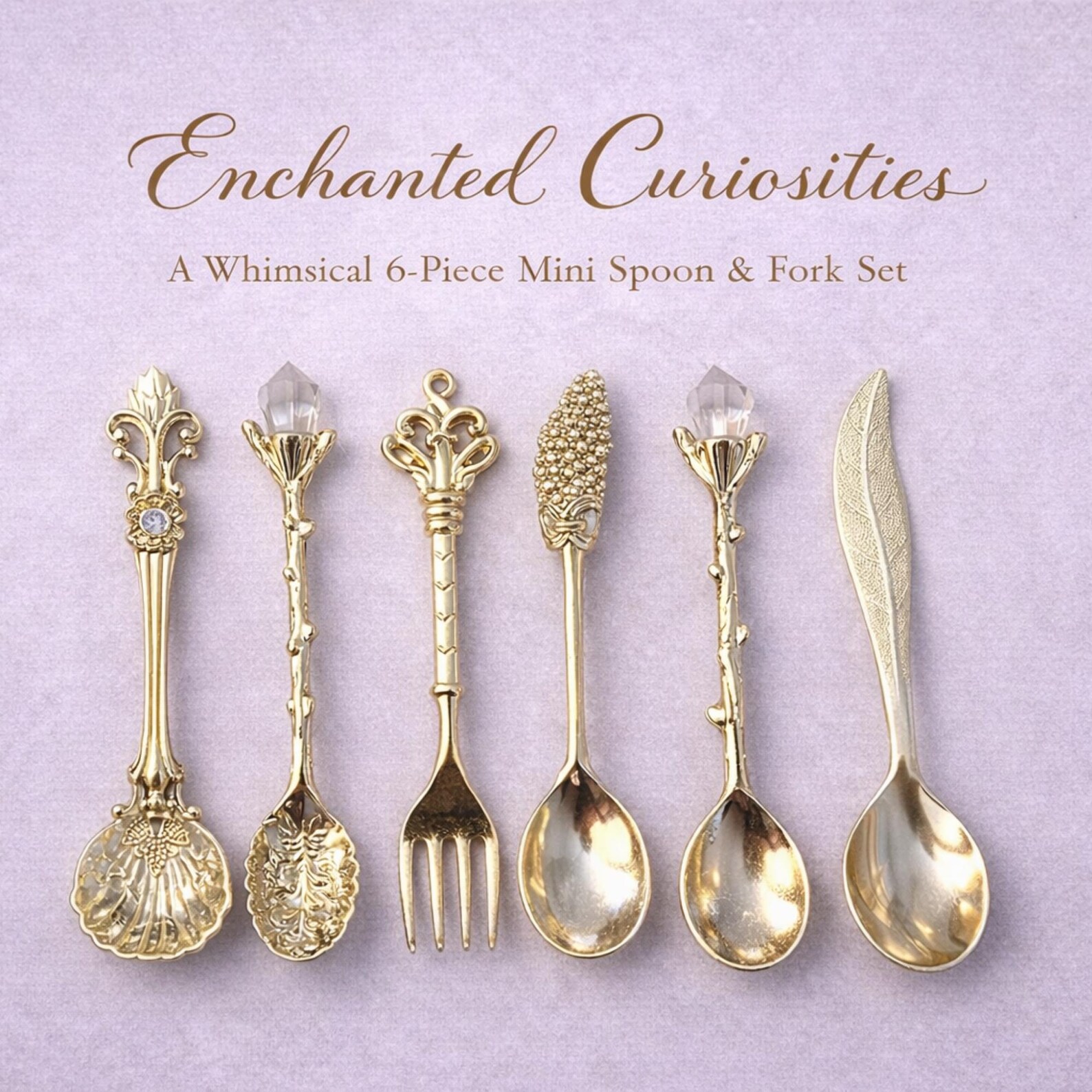 Ornate Gold Mini Spoon and Fork Set – Whimsical Tea Utensils, Collectible Luxe Tableware