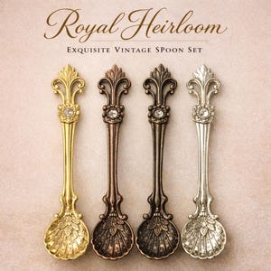 May include: Four ornate vintage spoons in gold, bronze, and silver tones are displayed. Each spoon features a decorative handle with a jewel accent and a shell-shaped bowl. The text "Royal Heirloom" and "Exquisite Vintage Spoon Set" are at the top.