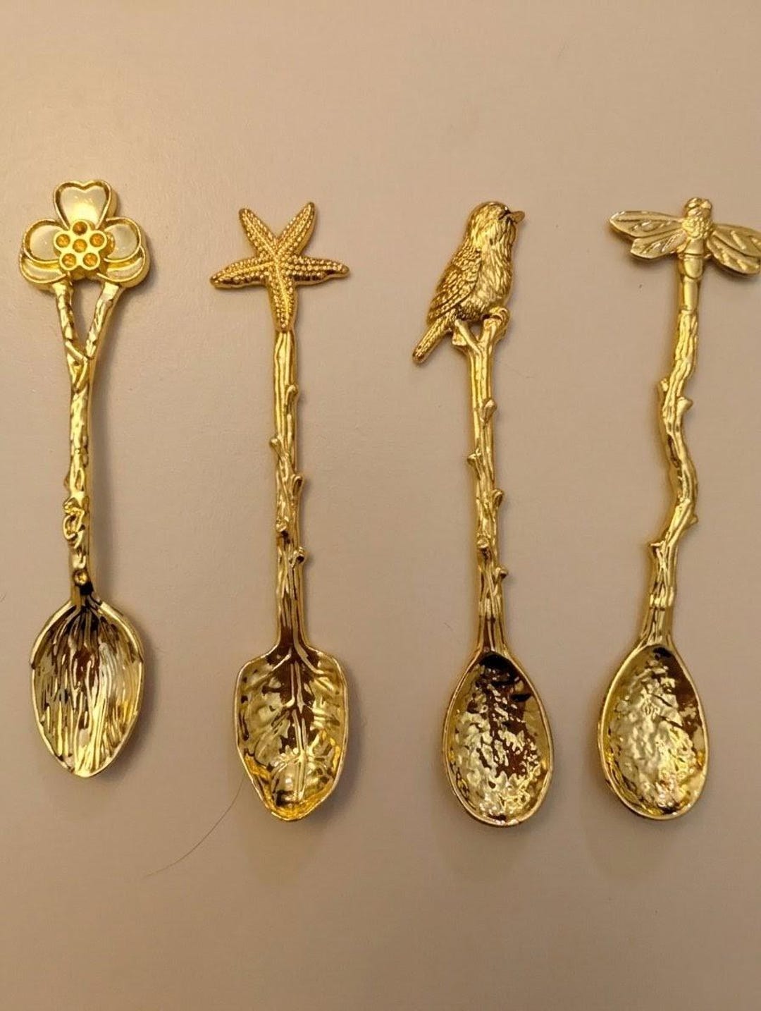 Golden Mini Spoon Set: Bird, Dragonfly, Starfish, Flower - Gift Boxed ...