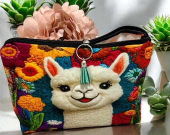Alpaca Makeup Bag: Velour Floral Cosmetic Organizer Pouch with Tassel