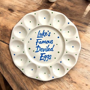 Deviled egg ceramic serving tray with custom personalized name, initials or logo by Mudcakes recipe gift