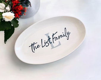 CUSTOM quote , name or monogram small oval handmade serving platter black and white ceramic words personalized