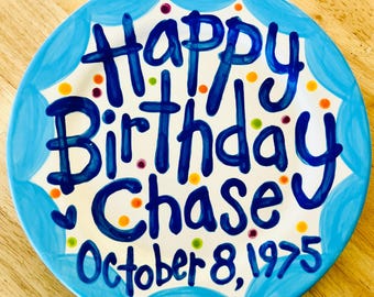Handmade made to order ceramic birthday plate personalized 10 inch with date