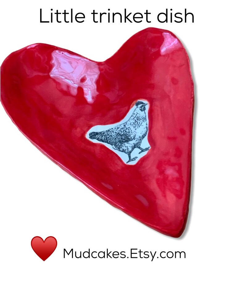 Little chicken red heart trinket tray handmade pottery image 2