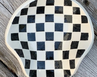 Small checkerboard squares Black and white handmade pottery spoon rest