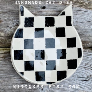 Mackenzie checkerboard kitty cat dish handmade pottery