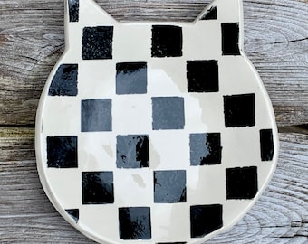 Mackenzie checkerboard kitty cat dish handmade pottery