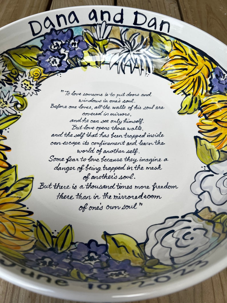 Unique custom designed handmade wedding ceramic bowl personalized with handpainted rim design image 3