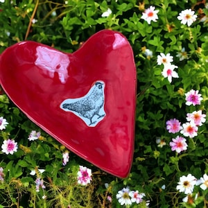 Little chicken red heart trinket tray handmade pottery image 1