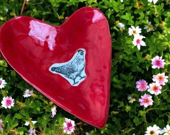 Little chicken red heart trinket tray handmade pottery