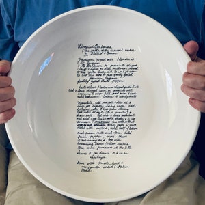 Large handmade family ceramic pasta bowl personalized with custom handpainted ingredients design