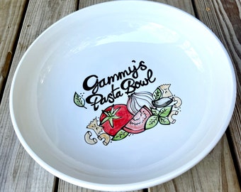 Huge handmade family ceramic pasta bowl personalized with custom handpainted ingredients design