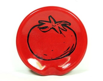 handle-less spoon rest / spoon dish with a Tomato print shown on Berry Red. Pick Your Color/Pick Your Print