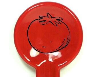 A Spoon Rest with a Plump Tomato print on Berry Red glaze - Pick Your Color/Pick Your Print