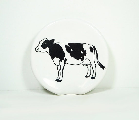 Handle-less Spoon Rest / Spoon Dish Pick Your Color/pick Your Print Shown  Here Holstein Cow Print on Marshmallow White 