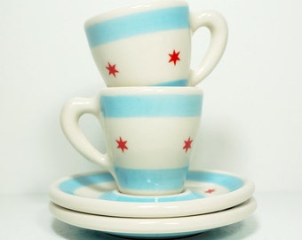 Soon to be cherished Espresso Cups w/Saucers in the Chicago Flag design