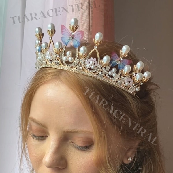 Butterflies and Pearls Crown, Butterflies Tiara, gold, silver, adult, kids, girls, romantic hair jewelry, wedding Tiara