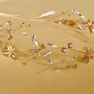 Gold Maple Leaves Bridal HairVine, diadema de cristales de pedrería, joyería para el cabello de boda, enredadera para el cabello con cinta, accesorios para el cabello de hadas