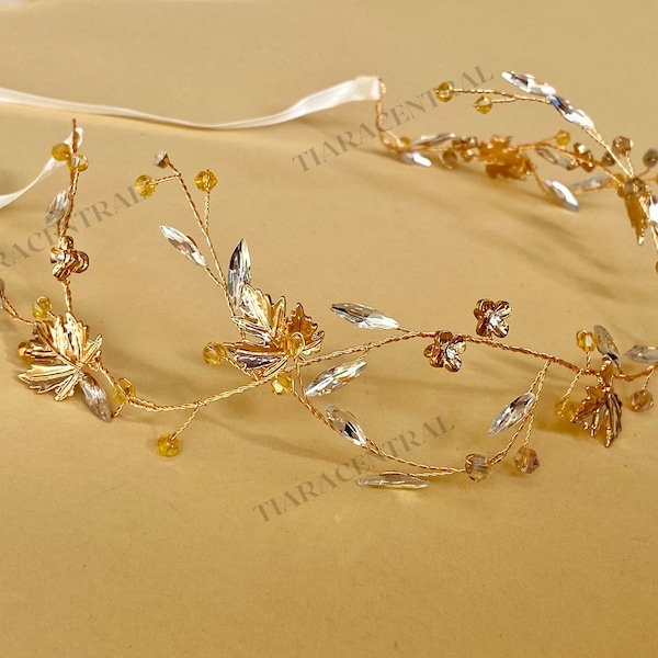Gold Maple Leaves Bridal HairVine, rhinestone crystals headband, wedding hair jewelry, hair vine with ribbon, fairy hair accessories