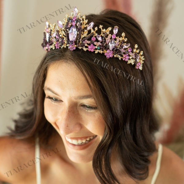 Purple Crown, Gold purple Tiara, purple bridal, purple quince, purple prom dress, purple head piece, purple outfit, purple costume