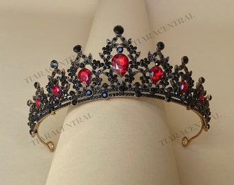Zwart Rode Kroon, Rood Zwart Tiara, donker bruidshoofddeksel, gotische bruid, schwarze kroon, renaissance jurk, haartoebehoren zwart rood