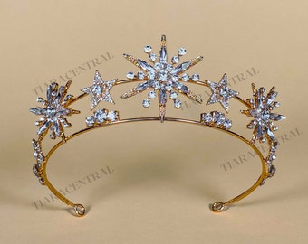 Double couche diadème étoilé vieux hollywood or strass argent couronne céleste mariée or casque mariage minuit cour de nuit