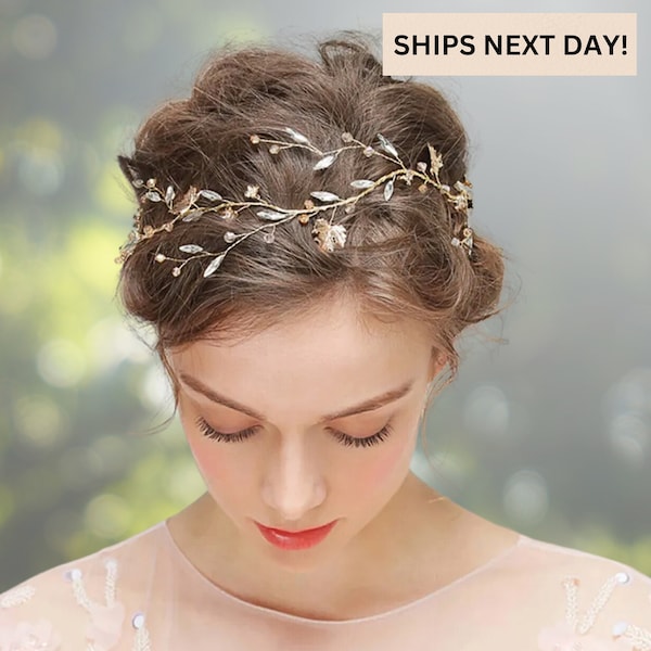 Wedding Hair Vine Headpiece gold silver leaves crystal pearl petal bridal hairpiece accessory adjustable floral headband flower crown
