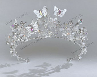 Silver Butterfly Flower Tiara Bridal Romantic prom tiara girl rose-gold quince crown hair jewelry fairy elven costume