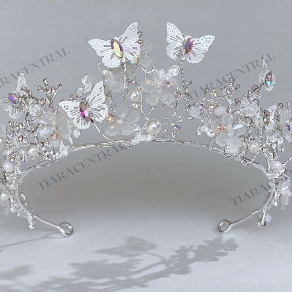 Silver Butterfly Flower Tiara Bridal Romantic prom tiara girl rose-gold quince crown hair jewelry fairy elven costume