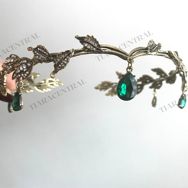 Emerald Circlet, vintage-gold forehead crown, LOTR headpiece, GOT hair jewelry, dark gold hair accessory, green bridal
