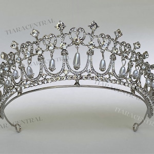 Queen Elizabeth Crown, Silver Tiara with dangling pearls, Queen Tiara, Royal Tiara, Tiara Bridal, Wedding Tiara