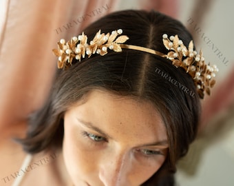 Diadema de hojas doradas o plateadas con perlas, diadema de laurel, elegante accesorio para el cabello nupcial, joyería para el cabello para novia