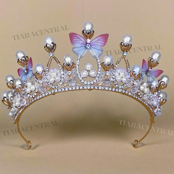Butterfly and Pearls Tiara, tiara for woman, tiara for girl, Flowergirl Tiara, Bridal Tiara, romantic hair accessory