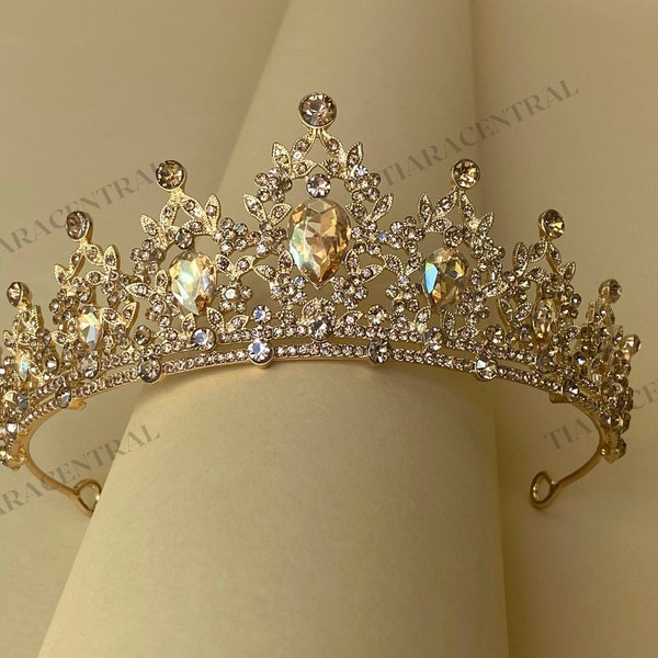 Classic gold Tiara Crown, gold crown bride, rose-gold crown prom, gold tiara, gold Crystal Crown, gold Rhinestone Tiara, baroque