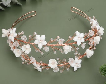 Rosegold White Ceramic Flowers Double Headband Bride Wedding Prom Quinceanera Homecoming Festival Event ginger hair redhead Crown