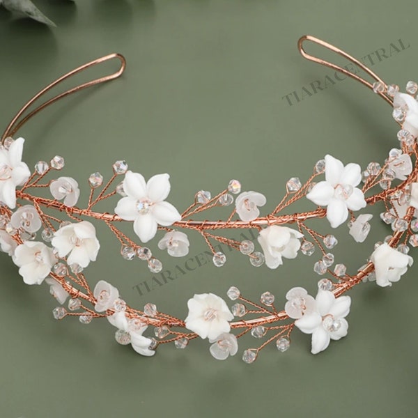 Rosegold White Ceramic Flowers Double Headband Bride Wedding Prom Quinceanera Homecoming Festival Event ginger hair redhead Crown