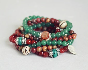 Red carnelian, picasso jasper, green aventurine stacking stretch bracelet set
