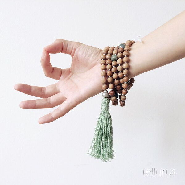 Sandalwood mala, green agate, grey pearl 108 wood beads long handmade tassel necklace