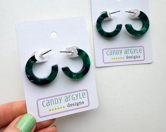 Green Marbled Acetate Hoop Earrings - Lightweight Chunky Hoops