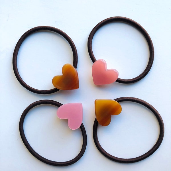 Hair elastics - heart hair ties - pink hair ties - brown hair tie - teen girl gift - ponytail elastic - heart hair accessory - pink hair tie