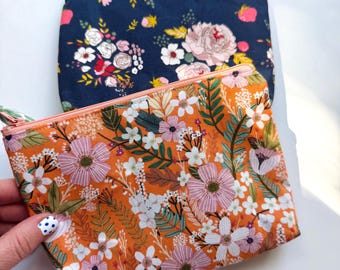 Floral pouch - make up bag - orange floral bag  gift for mom - zipper pouch - navy floral pouch