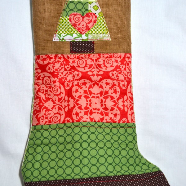 Modern Christmas Stocking - Patchwork Tree on Linen