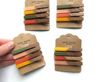 Wood & Acrylic Alligator Hair Clips: Set of Four