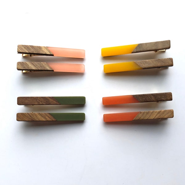 Hair Clips - Wood Hair Clip - Wood and Acrylic Hair Clip - Hair Barrette - Blush Mustard Hair Clip - Green Orange Barrette - Hair Clip women