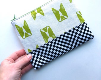 Dog zipper pouch - checkered pouch - black white pouch - green zipper pouch - make up organizer - cosmetic pouch - gift for mom - teen gift