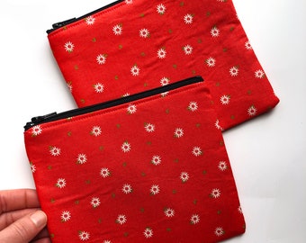 Red zipper pouch - Daisy pouch - flower pouch- make up bag- purse organizer pouch - red make up bag- travel pouch - gift for women - small