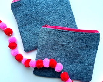denim zipper pouch - upcycled jean pouch - denim make up bag - six inch zipper pouch - cosmetic pouch - gift teen girls - gift women - pouch