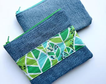 denim zipper pouch - upcycled jean pouch - denim make up bag - six inch zipper pouch - cosmetic pouch - gift teen girls - gift women - pouch